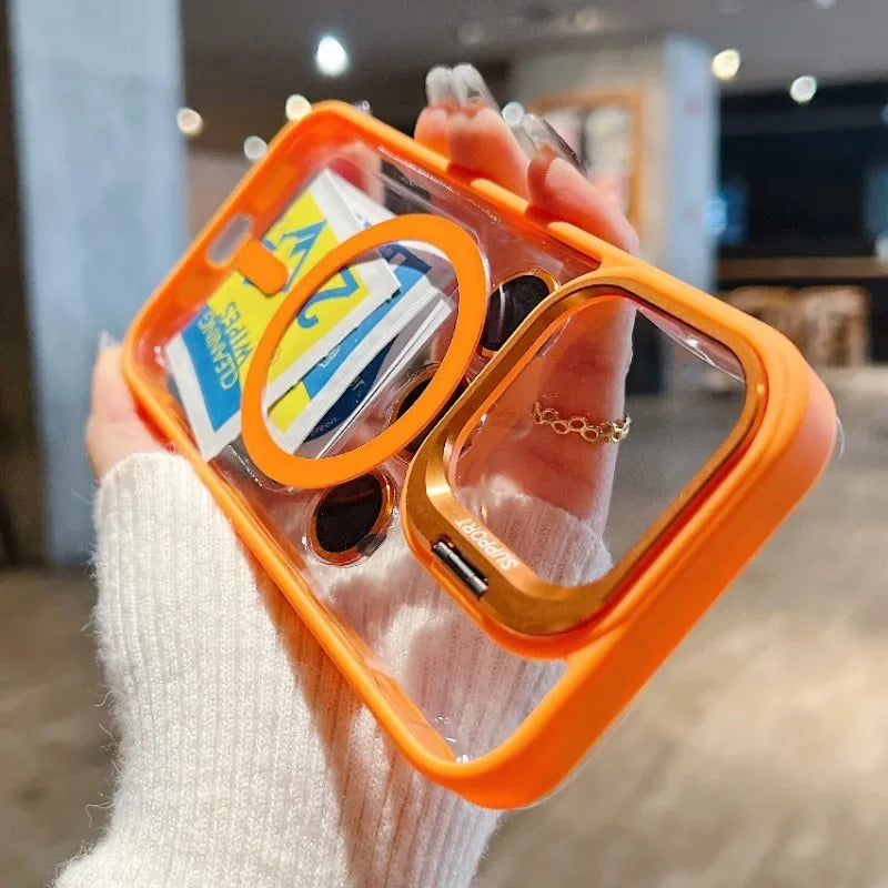 Fashion For Magsafe Stand Glass Lens Protector Case For iPhone 16 15 14 13 11 12 Pro Max 16 Plus Magnetic Shockproof Back Cover