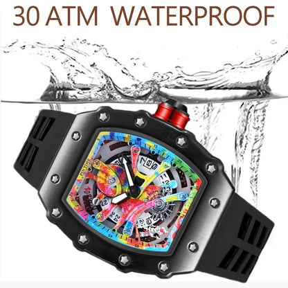 Watch Tonneau Men Quartz Graffiti Dial Date Waterproof Wristwatches