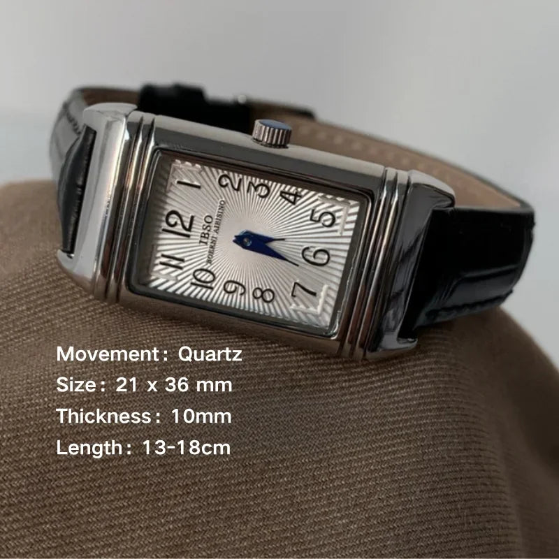 Retro Square Quartz Watch Reversible Leather Strap Unique 21*36mm NEW