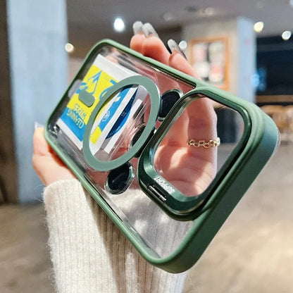 Fashion For Magsafe Stand Glass Lens Protector Case For iPhone 16 15 14 13 11 12 Pro Max 16 Plus Magnetic Shockproof Back Cover