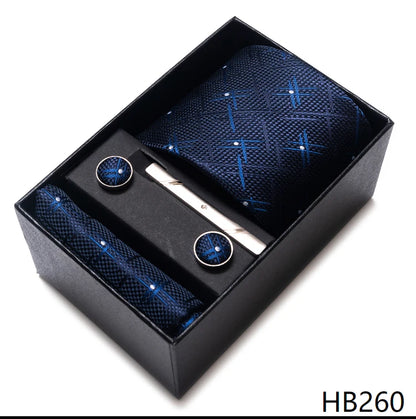 100% Silk Brand Tie Handkerchief Cufflink Set For Men Necktie Holiday Gift Box Blue Gold Suit Accessories Slim Wedding Gravatas