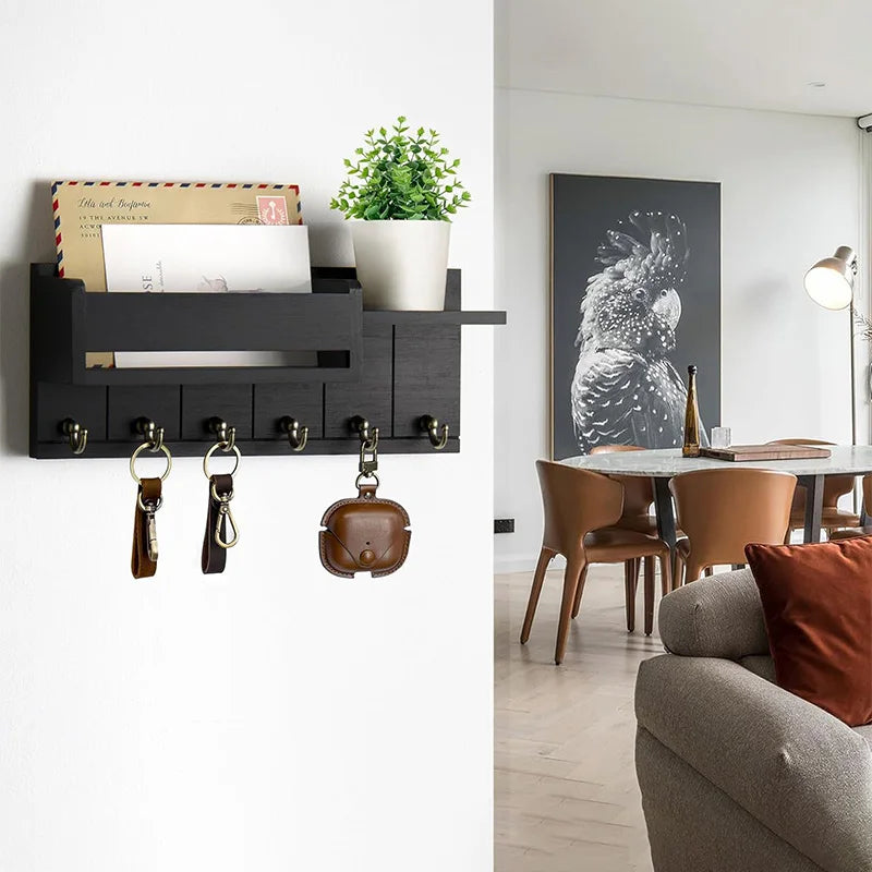 Decorative Key Rack Wall Mounted Wood Key Rack And Mail Organizer With 6 Key Hooks Convenient Living Room Enterway Storage Rack