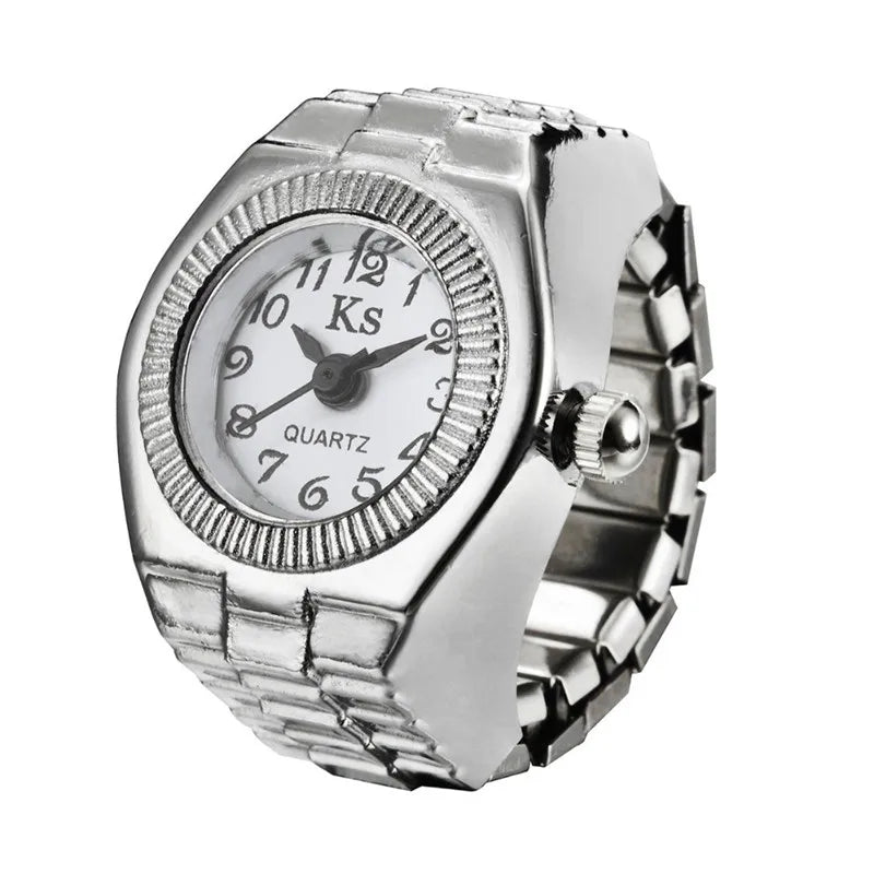 Jewelry Finger Watch for Women Stretchy Elastic Band Round Simple Dial Quartz Ring Watches for Daily & Office