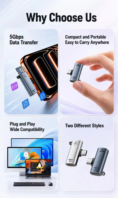 TF Card to Type-C Reader 2 Options Support 2TB & Charging 3.0 100W Fast Charging for iPhone 15/16 PC