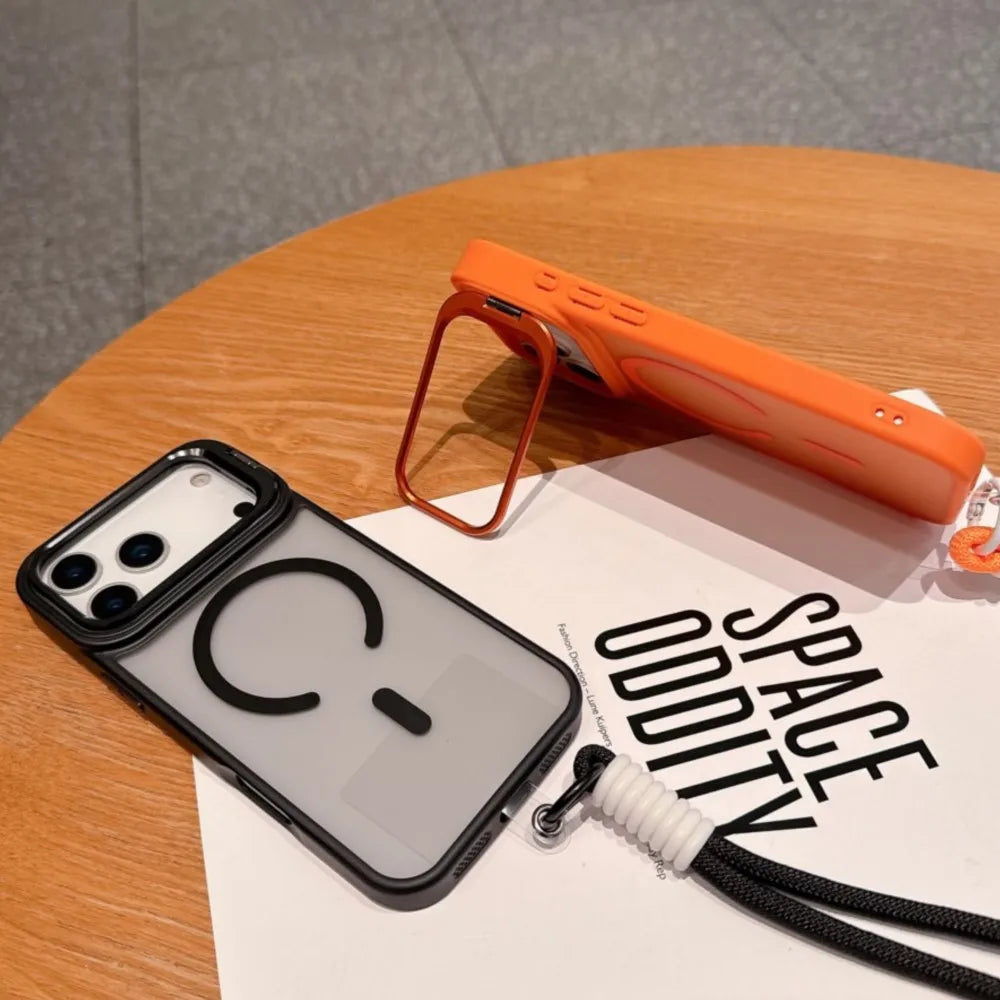 Wrist Strap Matte Lens Holder Case For iPhone 17 Air 16 15 14 Plus 13 12 11 Pro Max Mini For Magsafe Magnetic Lanyard Hard Cover