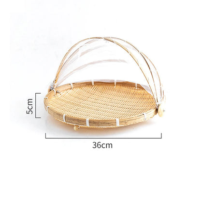 Handmade Bamboo Basket With Net Mesh Cover Kithen Bread Fruit Vegetable Food Container Outdoor Travel Picnic Dust Proof Basket