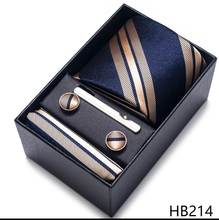 100% Silk Brand Tie Handkerchief Cufflink Set For Men Necktie Holiday Gift Box Blue Gold Suit Accessories Slim Wedding Gravatas