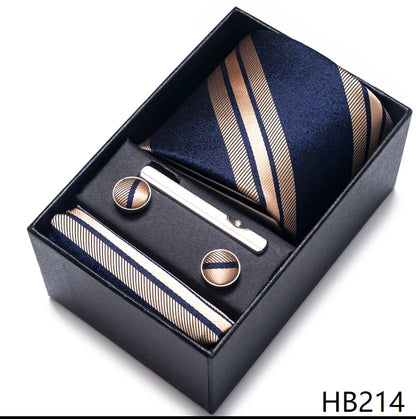 100% Silk Brand Tie Handkerchief Cufflink Set For Men Necktie Holiday Gift Box Blue Gold Suit Accessories Slim Wedding Gravatas