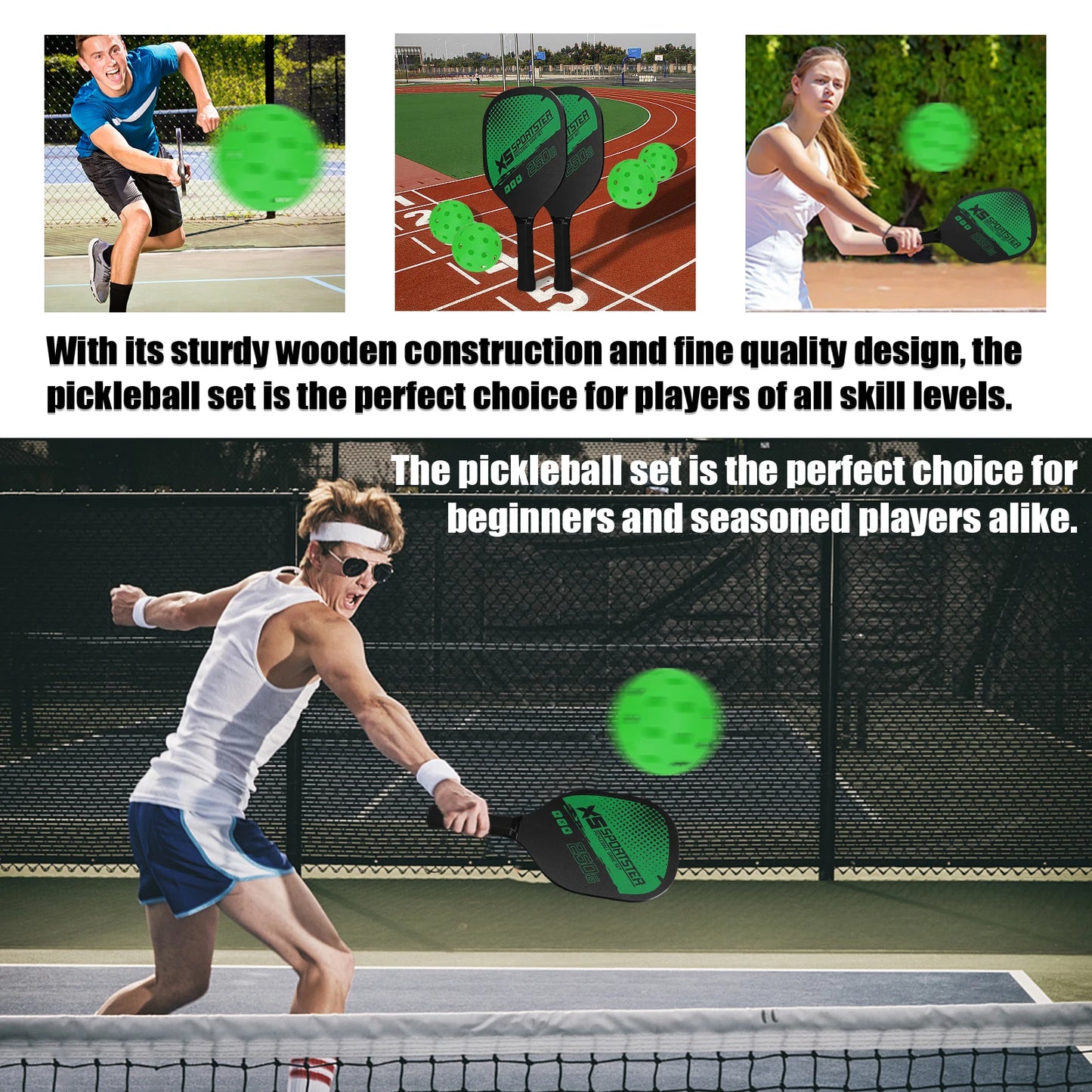 Paddle Set of 2 Rackets & 4 Pickleballs Balls Pickle-Ball Sports Accessory