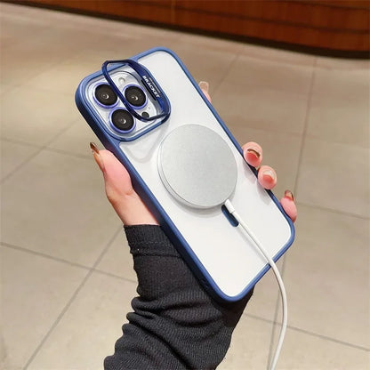 Fashion For Magsafe Stand Glass Lens Protector Case For iPhone 16 15 14 13 11 12 Pro Max 16 Plus Magnetic Shockproof Back Cover