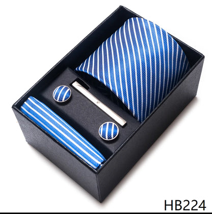 100% Silk Brand Tie Handkerchief Cufflink Set For Men Necktie Holiday Gift Box Blue Gold Suit Accessories Slim Wedding Gravatas