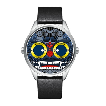 Quartz Watch Gold Lion Design Dial Leather Strap