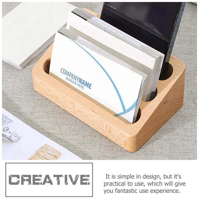 Wood Desktop Business Card Display Stand 3 Compartment Office