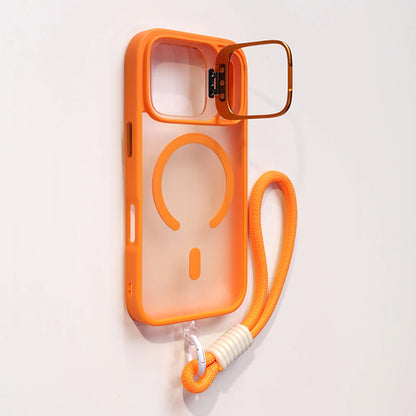 Wrist Strap Matte Lens Holder Case For iPhone 17 Air 16 15 14 Plus 13 12 11 Pro Max Mini For Magsafe Magnetic Lanyard Hard Cover