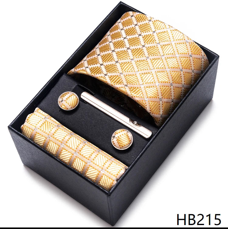 100% Silk Brand Tie Handkerchief Cufflink Set For Men Necktie Holiday Gift Box Blue Gold Suit Accessories Slim Wedding Gravatas