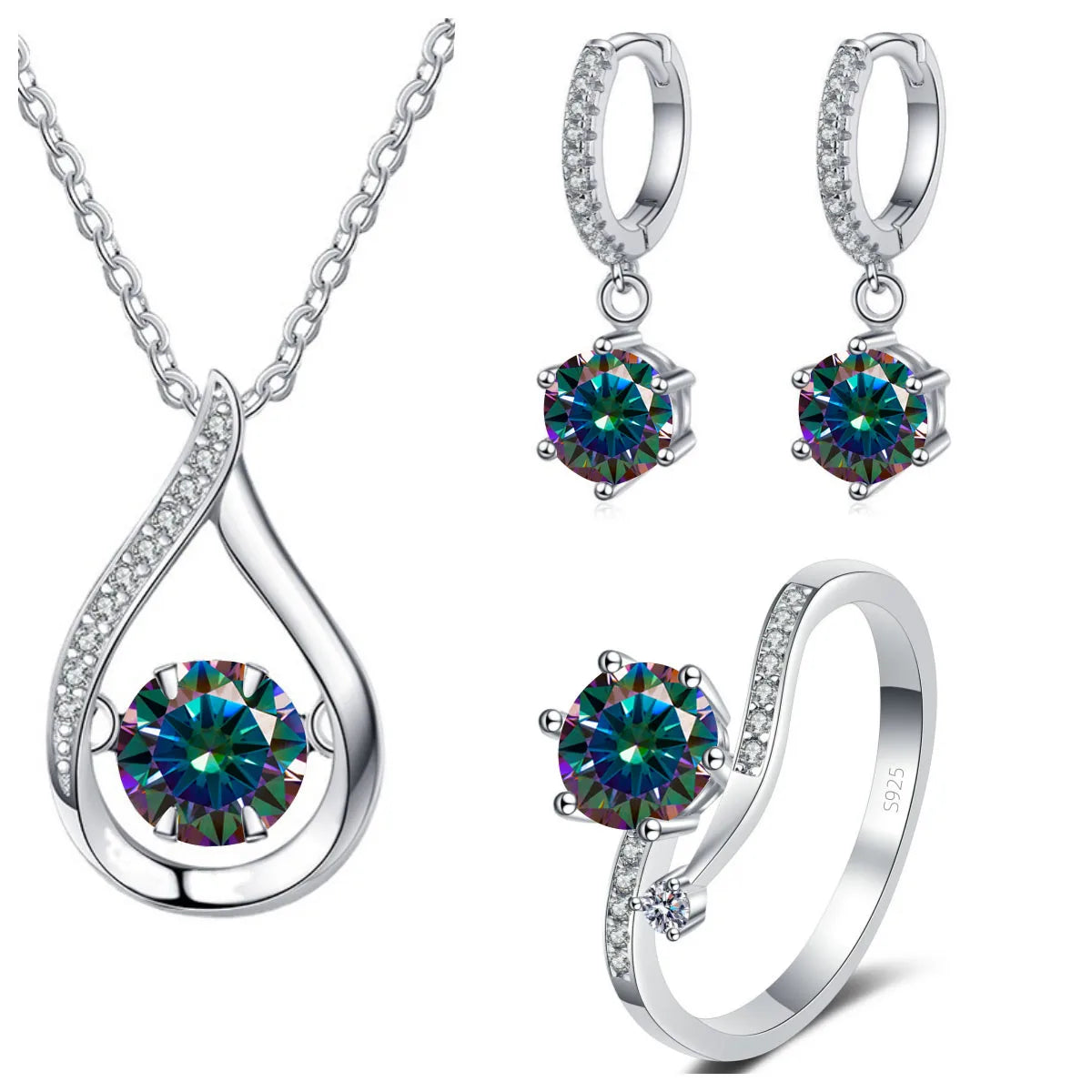 Sterling Silver Moissanite Jewelry Set Pendant Necklace Ring Gift