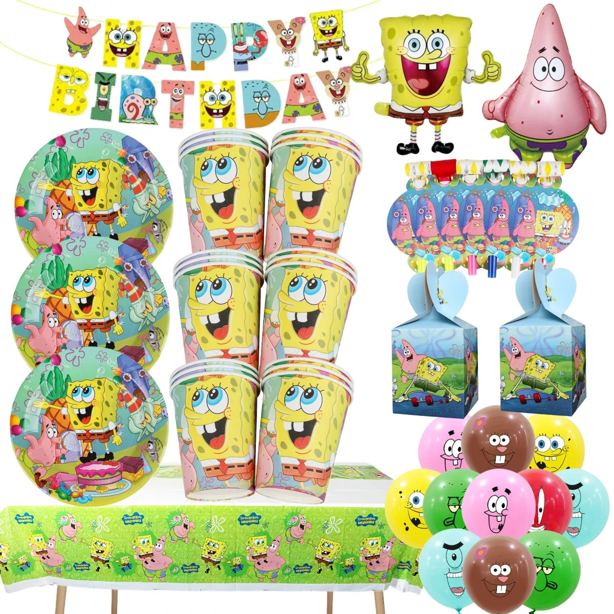Cartoon SpongeBob Theme Birthday Party Balloon Disposable Tableware Mask Flag Candy Box Backpack Baby Shower party supplies