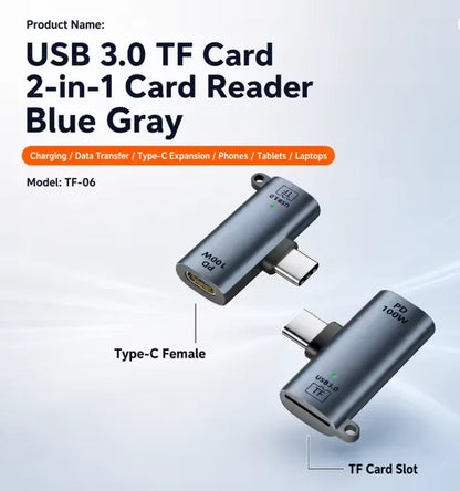 TF Card to Type-C Reader 2 Options Support 2TB & Charging 3.0 100W Fast Charging for iPhone 15/16 PC