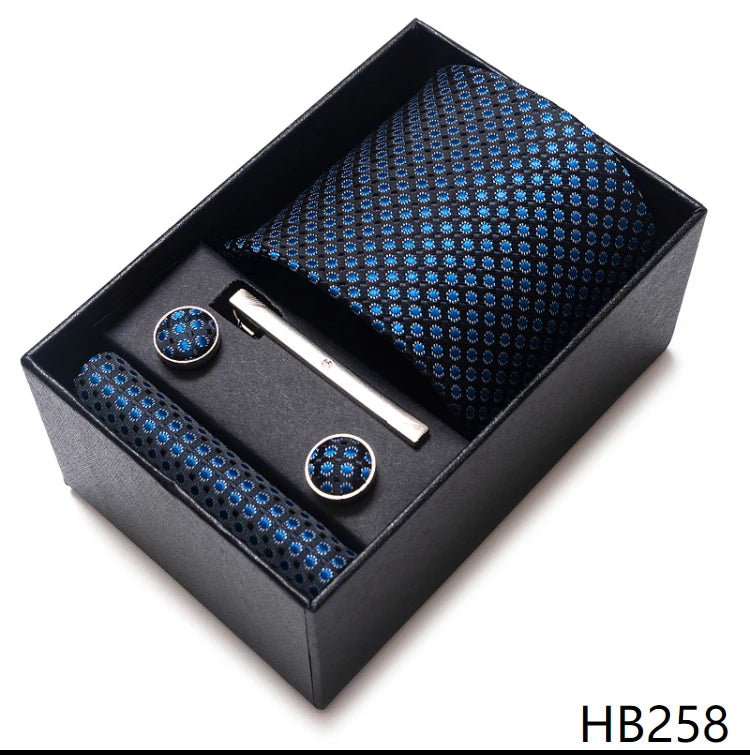 100% Silk Brand Tie Handkerchief Cufflink Set For Men Necktie Holiday Gift Box Blue Gold Suit Accessories Slim Wedding Gravatas