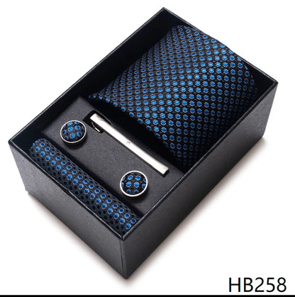 100% Silk Brand Tie Handkerchief Cufflink Set For Men Necktie Holiday Gift Box Blue Gold Suit Accessories Slim Wedding Gravatas