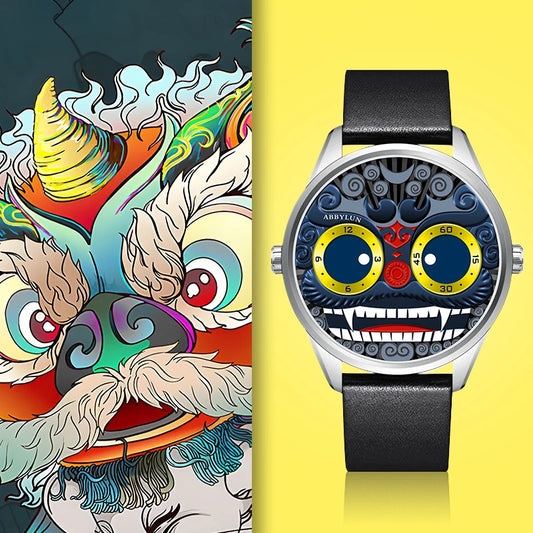 Quartz Watch Gold Lion Design Dial Leather Strap
