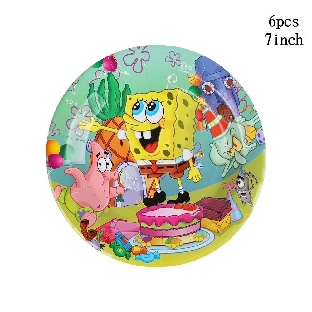 Cartoon SpongeBob Theme Birthday Party Balloon Disposable Tableware Mask Flag Candy Box Backpack Baby Shower party supplies