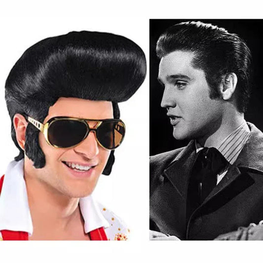 Elvis Presley Wig Glasses Mens Italian Antony Pitonys Singers Hair Wigs + Sunglasses