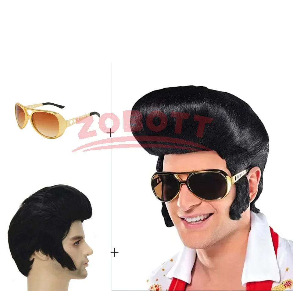 Elvis Presley Wig Glasses Mens Italian Antony Pitonys Singers Hair Wigs + Sunglasses