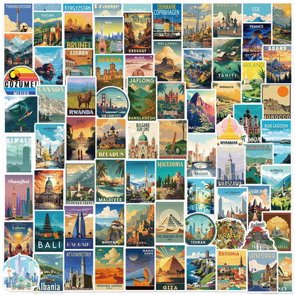 100PCS Cartoon World Landmark & National Park Graffiti Waterproof Stickers DIYFor Decorative Guitar Notebook Luggage Stationery
