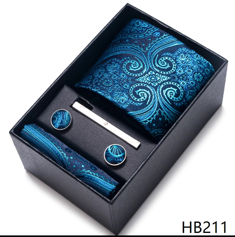 100% Silk Brand Tie Handkerchief Cufflink Set For Men Necktie Holiday Gift Box Blue Gold Suit Accessories Slim Wedding Gravatas