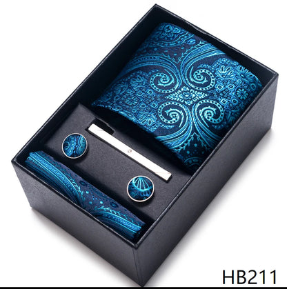 100% Silk Brand Tie Handkerchief Cufflink Set For Men Necktie Holiday Gift Box Blue Gold Suit Accessories Slim Wedding Gravatas