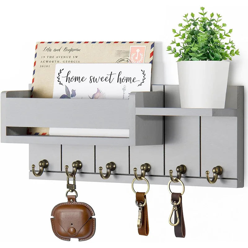 Decorative Key Rack Wall Mounted Wood Key Rack And Mail Organizer With 6 Key Hooks Convenient Living Room Enterway Storage Rack