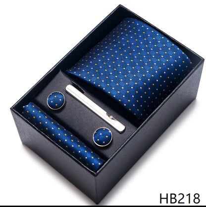 100% Silk Brand Tie Handkerchief Cufflink Set For Men Necktie Holiday Gift Box Blue Gold Suit Accessories Slim Wedding Gravatas