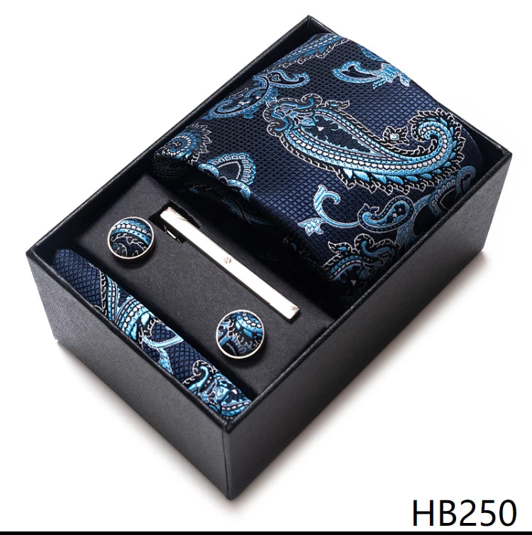 100% Silk Brand Tie Handkerchief Cufflink Set For Men Necktie Holiday Gift Box Blue Gold Suit Accessories Slim Wedding Gravatas