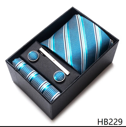 100% Silk Brand Tie Handkerchief Cufflink Set For Men Necktie Holiday Gift Box Blue Gold Suit Accessories Slim Wedding Gravatas