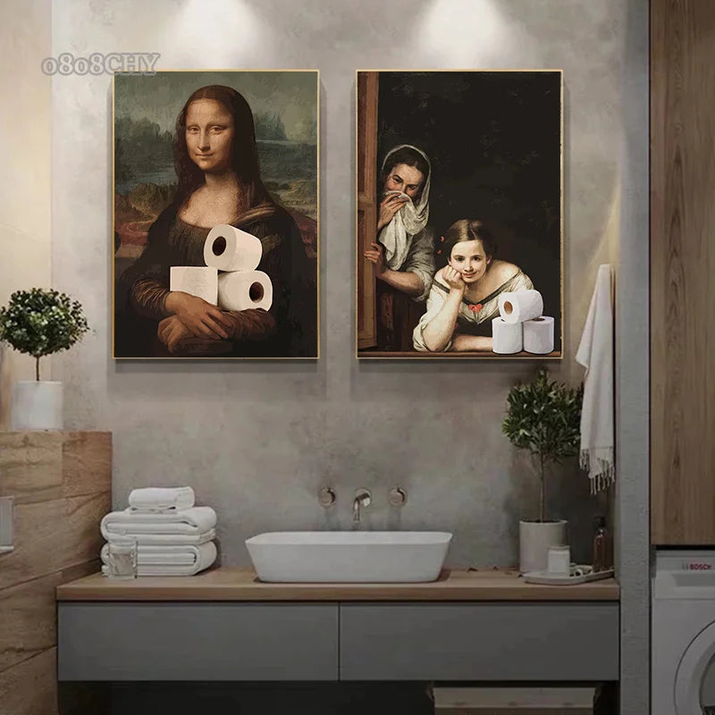 Funny Portrait Bathroom Canvas Posters Mona Lisa Bathroom Meme Funny Toilet Canvas Prints Paintings Unique Home Bathroom Decor