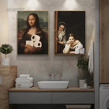 Funny Portrait Bathroom Canvas Posters Mona Lisa Bathroom Meme Funny Toilet Canvas Prints Paintings Unique Home Bathroom Decor