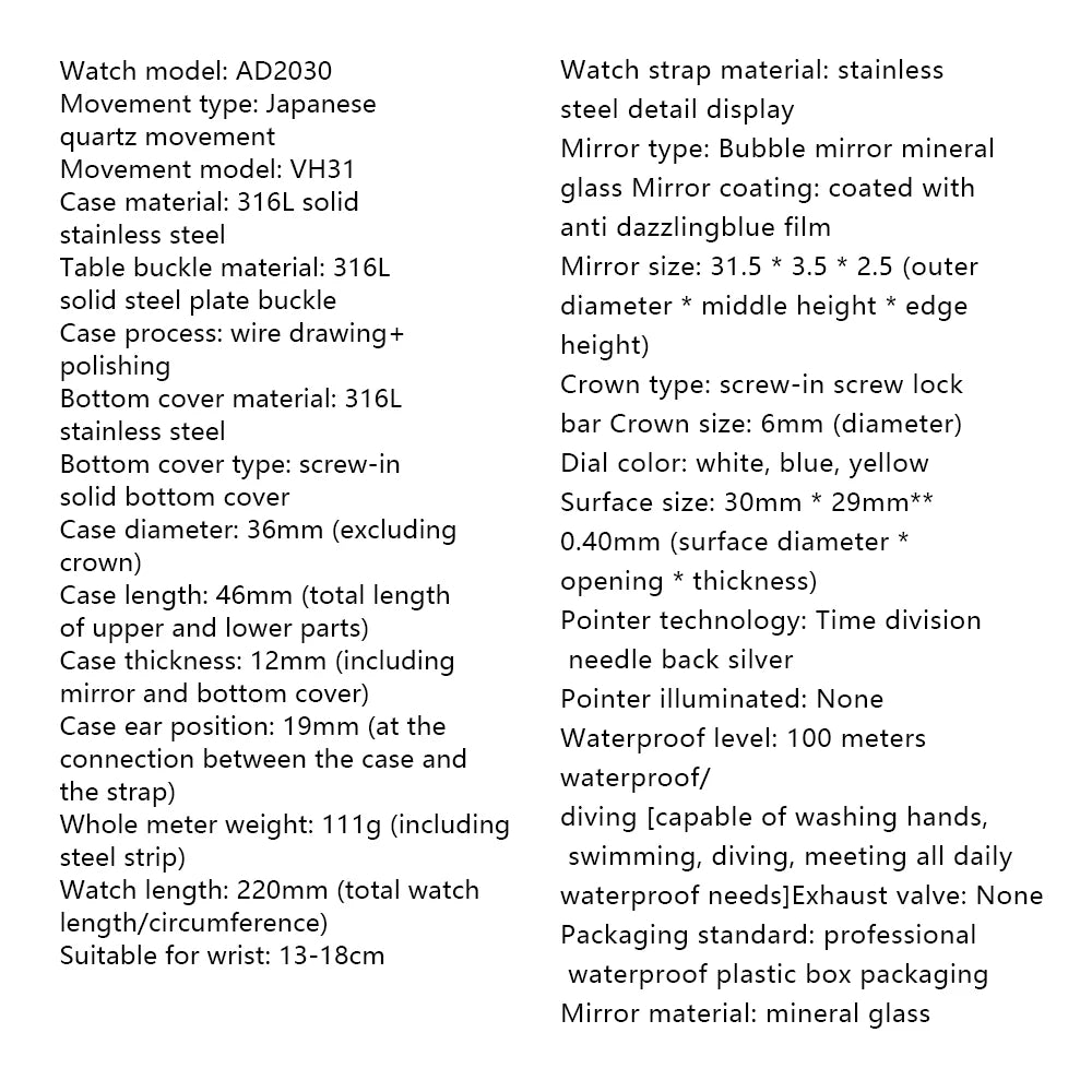 Watch Sand Dial 36mm Quartz Watch Waterproof 316L Stainless Steel Japanese QUARTZ