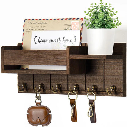 Decorative Key Rack Wall Mounted Wood Key Rack And Mail Organizer With 6 Key Hooks Convenient Living Room Enterway Storage Rack