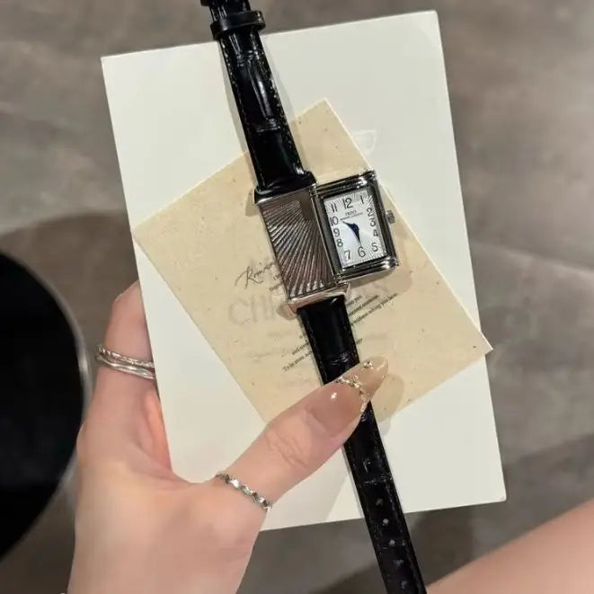 Retro Square Quartz Watch Reversible Leather Strap Unique 21*36mm NEW