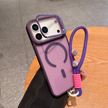 Wrist Strap Matte Lens Holder Case For iPhone 17 Air 16 15 14 Plus 13 12 11 Pro Max Mini For Magsafe Magnetic Lanyard Hard Cover