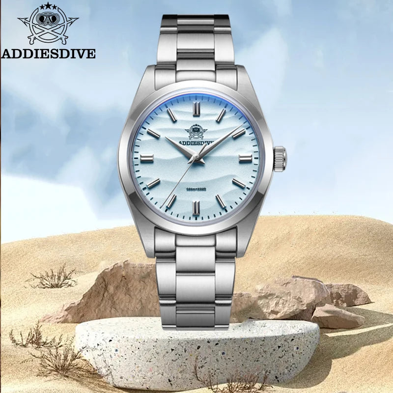 Crystal Blue Watch Sand Dial 36mm Quartz Watch 100M Waterproof 316L Stainless Steel