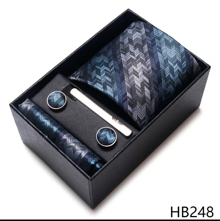 100% Silk Brand Tie Handkerchief Cufflink Set For Men Necktie Holiday Gift Box Blue Gold Suit Accessories Slim Wedding Gravatas