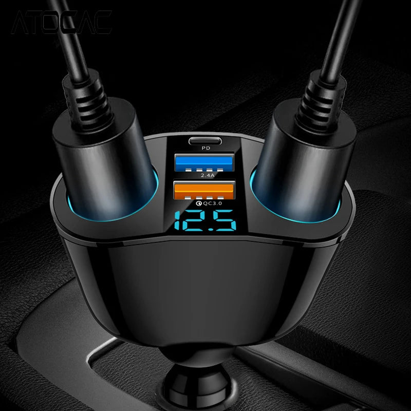 Car Lighter Adapter 66W Fast Charging PD Type C 3.0 USB Ports LED