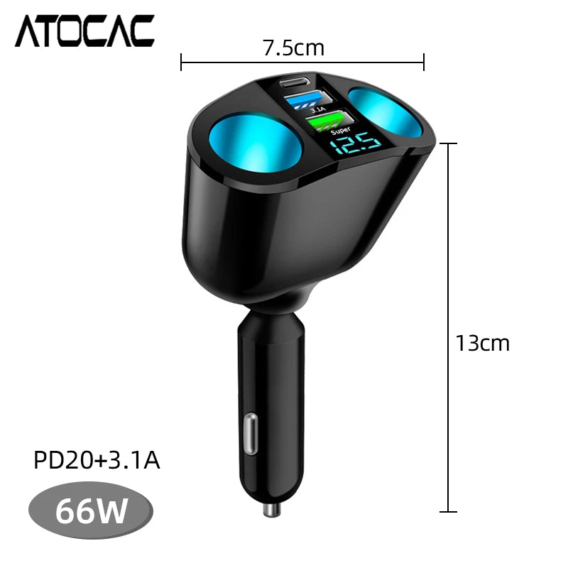 Car Lighter Adapter 66W Fast Charging PD Type C 3.0 USB Ports LED