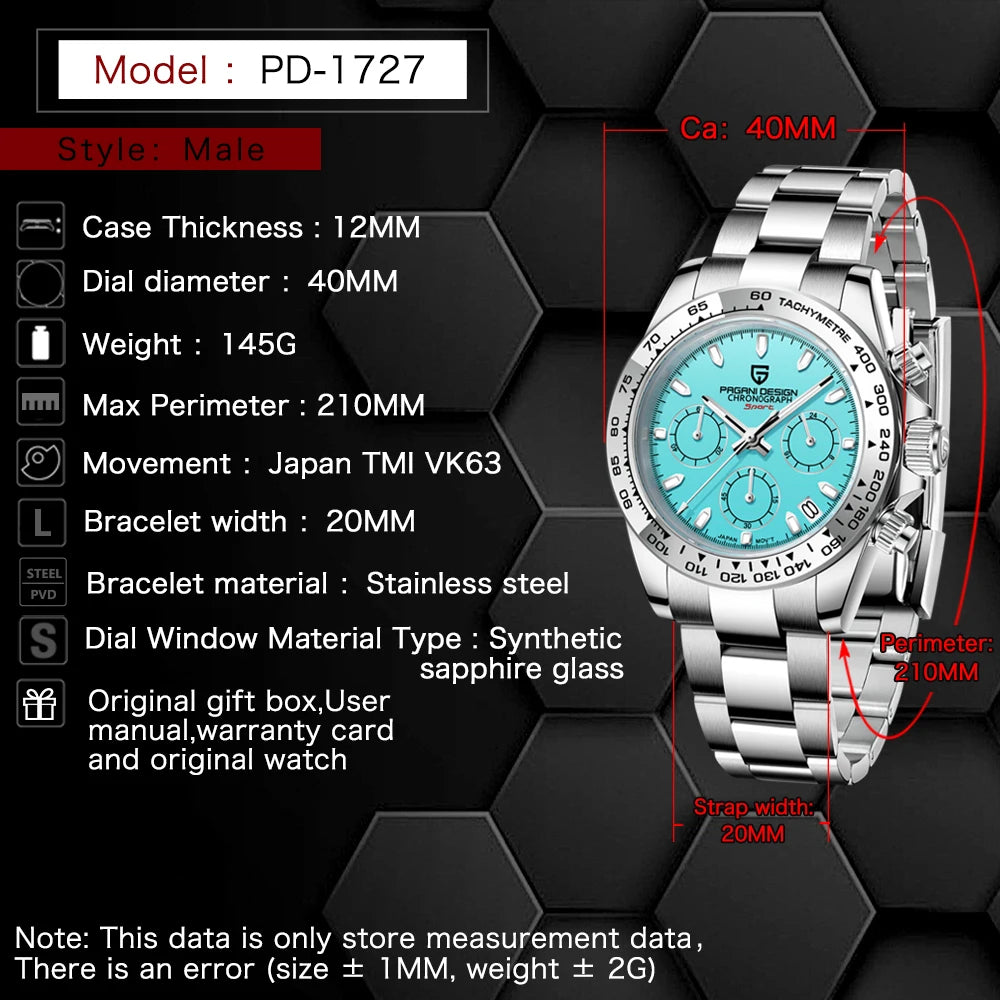 Daytona Crystal Blue Bezel Quartz Sapphire Glass Chronograph Watch PAGANI