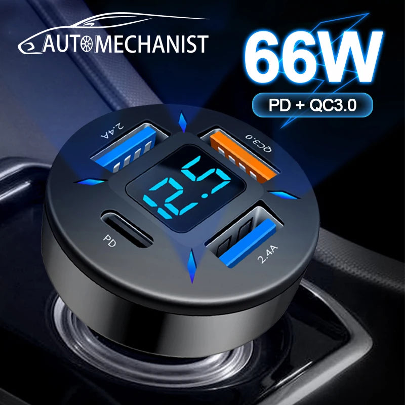 66W USB Type C Charger For Car PD 4 USB Car Quick Charge QC3.0 12/24 V Car Cigarette Lighter Socket Splitter For iPhone Huawei