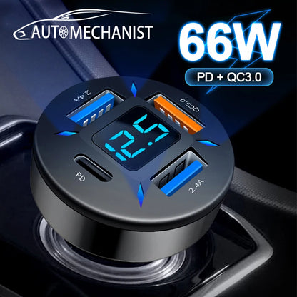 66W USB Type C Charger For Car PD 4 USB Car Quick Charge QC3.0 12/24 V Car Cigarette Lighter Socket Splitter For iPhone Huawei