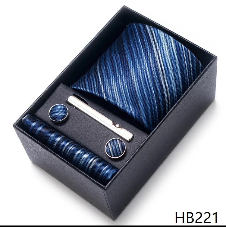 100% Silk Brand Tie Handkerchief Cufflink Set For Men Necktie Holiday Gift Box Blue Gold Suit Accessories Slim Wedding Gravatas