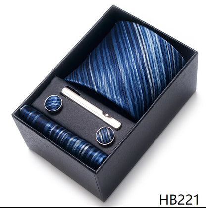 100% Silk Brand Tie Handkerchief Cufflink Set For Men Necktie Holiday Gift Box Blue Gold Suit Accessories Slim Wedding Gravatas